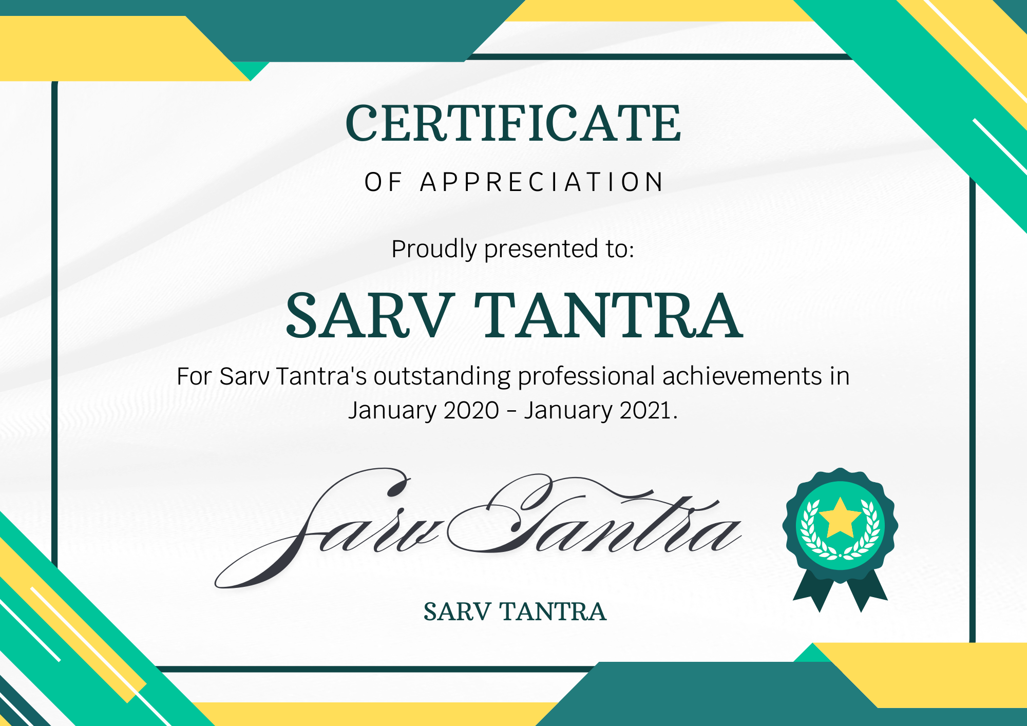 Sarv Tantra Achivement Certificate